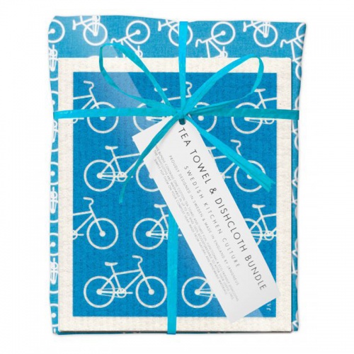 Jangneus Turquoise Bikes Tea Towel and Dish Cloth Bundle